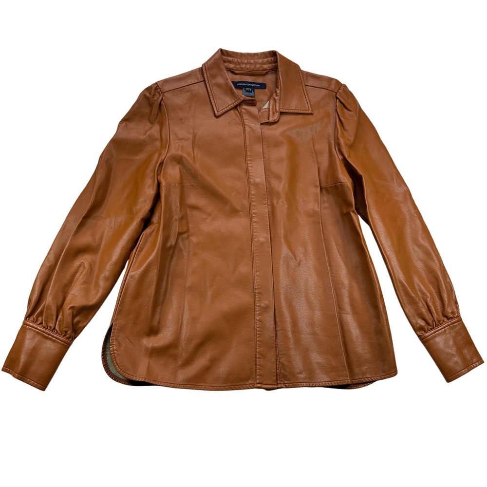 FRENCH CONNECTION Faux Leather Button‎ Down Shirt Blouse Tan Brown Size S